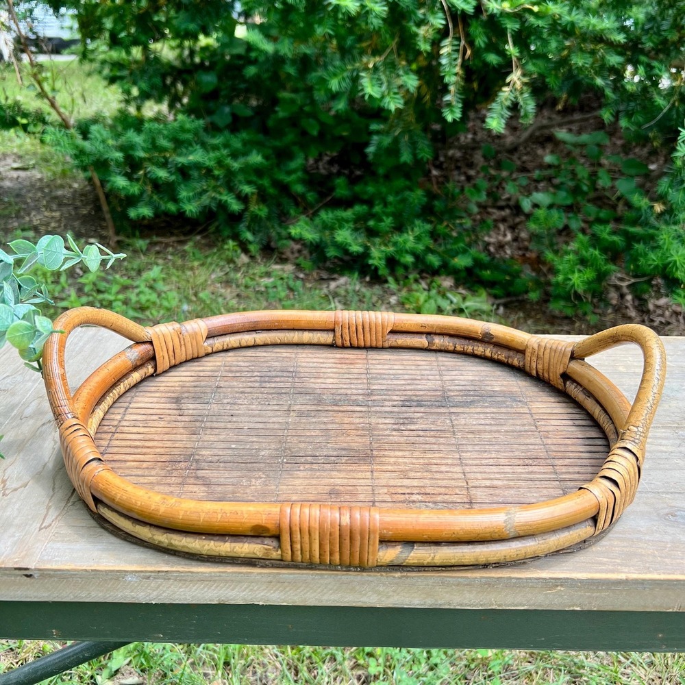 Old Antique Bamboo and Rattan Tray with Handles